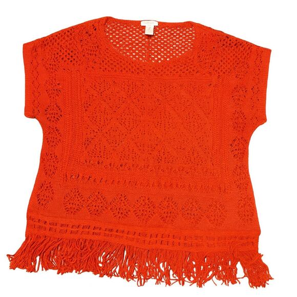 Chico’s Sweater L Coral Linen Blend Crochet Fringe Boho Festival Beachy Top - Picture 2 of 6